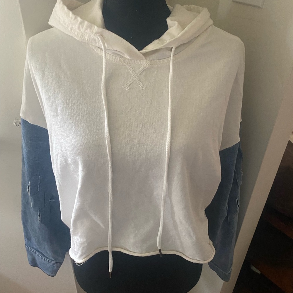 Graffiti White and Blue Jean Cropped Hoodie Size Medium.